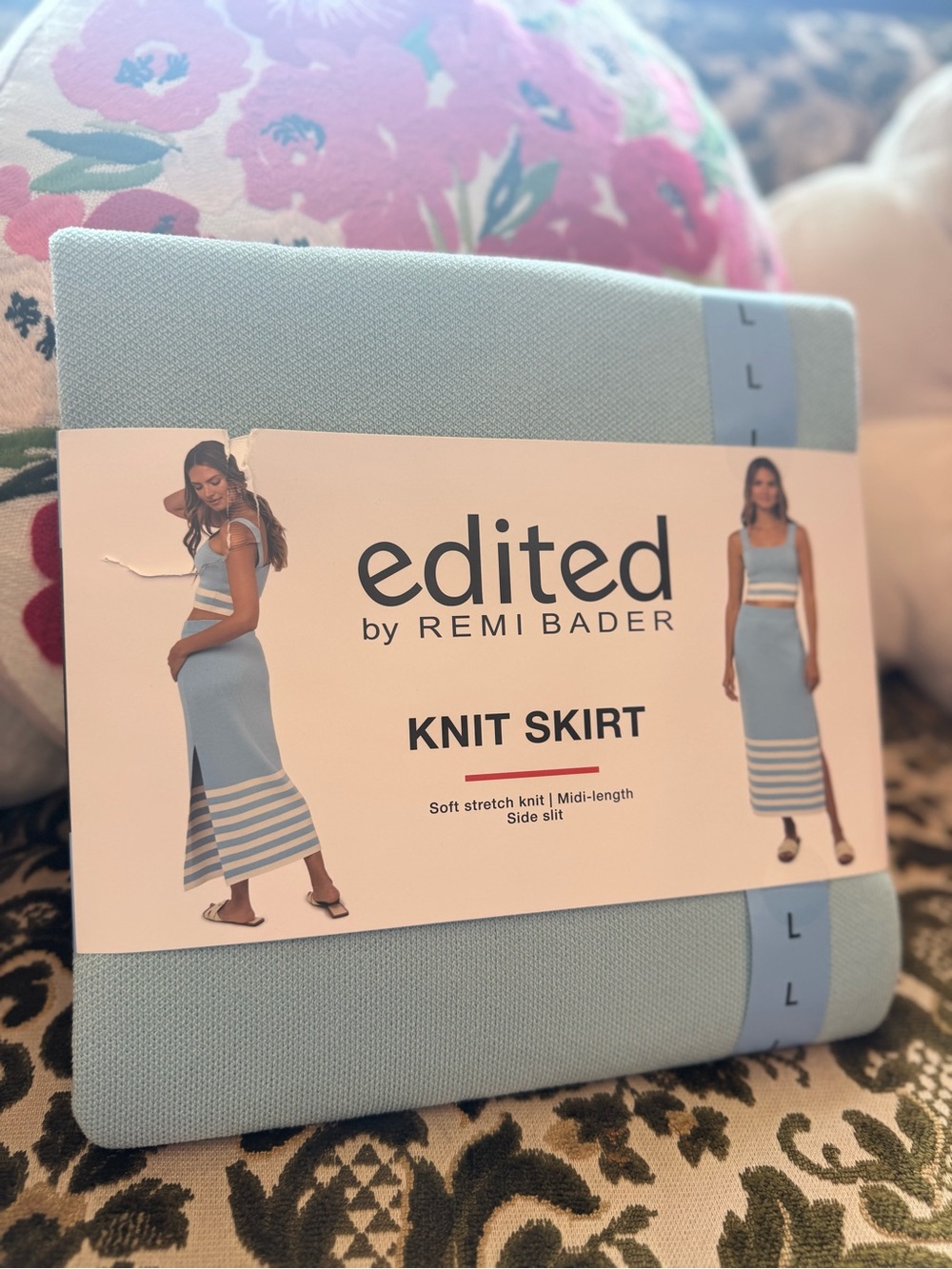 edited by Remi Bader Light Blue Knit Midi Skirt.
